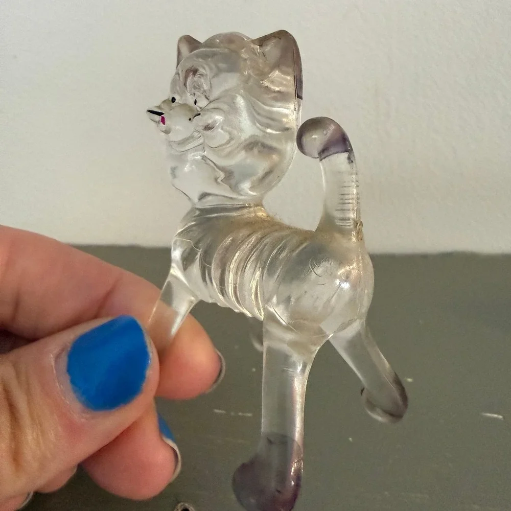 Vintage Lucite Clear Plastic Animal Figurines Cat - Kitchsy Cat Art 1970s
